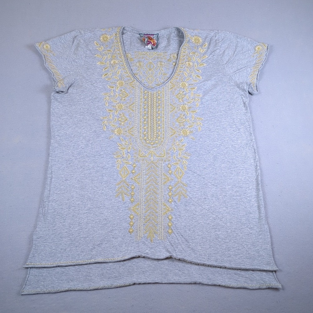 Johnny Was Kemi Knit Drape Top Shirt Womens Large Gray Short Sleeve Kaleidoscope